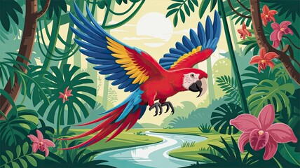 Vibrant Parrot Flying Over Lush Green Jungle Landscape at Sunrise