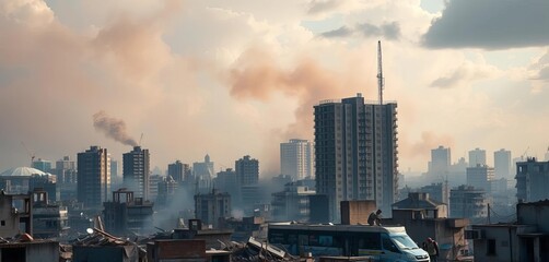 Destroyed cityscape, smoke-filled sky, remnants of conflict,  damage,  city
