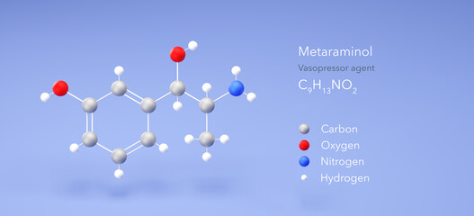 metaraminol molecule, molecular structure, vasopressor agent 3d model, Structural Chemical Formula and Atoms with Color Coding