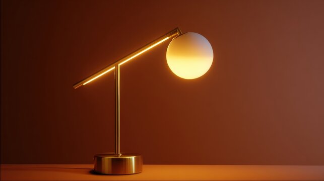 Modern desk lamp with a golden base and a white globe-shaped lampshade. the lamp is placed on a wooden surface with a plain orange background.