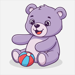 Obraz premium Cartoon Lilac Teddy Bear Sitting with a Red and Blue Striped Ball.