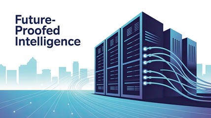 Futuristic Data Center with Connectivity Lines and City Skyline