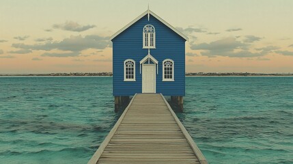 Blue boathouse at the end of a wooden pier surrounded by tranquil sea under soft golden sky Concept of serenity and solitude