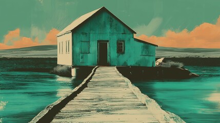 Vintage turquoise boathouse on wooden pier stretching into calm teal water under warm orange sky Concept of peaceful seaside nostalgia