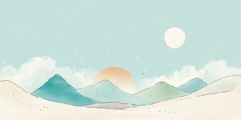 Minimal landscape with soft mountains and gentle sun over beige background in watercolor style Concept of calm natural harmony