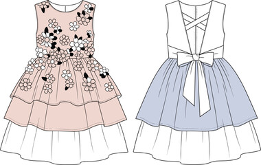 Children’s dress fashion illustration set, front and back views, floral appliqué gown and bow dress with layered skirts, technical vector design