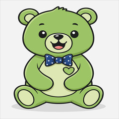Fototapeta premium Cartoon Green Teddy Bear with Blue Polka Dot Bow Tie and Heart Patch.