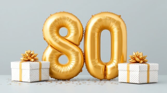 Celebration of 80th Birthday with Golden Balloons and Gift Boxes on a Soft Background for Memorable Milestones and Special Events in Life