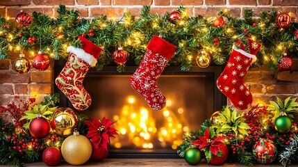 Medium format 50mm emphasizing stockings detail near fireplace with blurred glowing ornaments