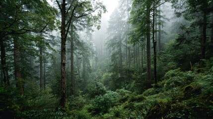 Fototapeta premium Lush Green Forest with Tall Trees and Soft Mist.