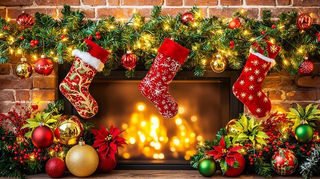 Medium format 50mm emphasizing stockings detail near fireplace with blurred glowing ornaments