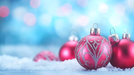 Telephoto 85mm highlighting detail of glowing ornaments with blurred snowy background