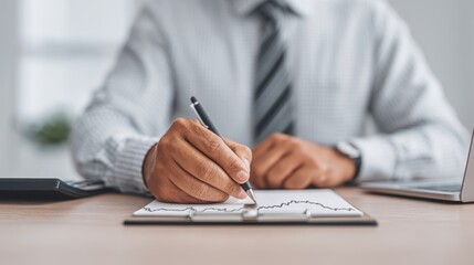 Naklejka premium Professional businessman writing notes while analyzing financial charts in a modern office setting with a laptop and smartphone on the desk