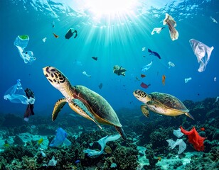 marine wildlife of fish and turtles swimming amongst garbage and plastic polluting the ocean underwater