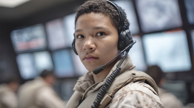 Young Military Operator in Communication Hub with Headset Surrounded by Technology and Monitors in High-Pressure Environment
