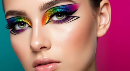Closeup of a womans face showcasing rainbow glitter eyeshadow and graphic eyeliner