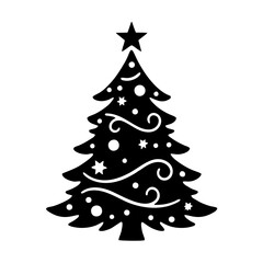 Simple black and white Christmas tree silhouette with ornaments, stars, and a star on top. Minimalist festive design, perfect for cards, stickers, or holiday decorations.
