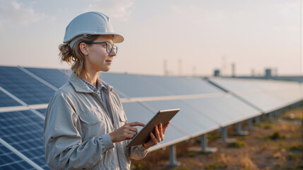 Female engineer managing solar farm operations while using a digital tablet in the renewable energy sector at sunset