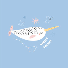 Cute Narwhal Illustration, Nordic Dreams Poster, Scandinavian Sea Animal Design on Blue Background
