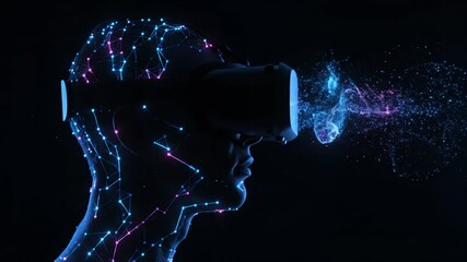 Silhouette of a person wearing a vr headset, with a digital network of glowing particles emanating from their head, symbolizing virtual reality - Powered by Adobe