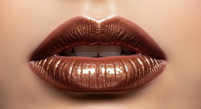 Closeup of glossy brown lips with visible teeth and surrounding skin