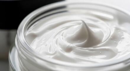 Closeup swirl of white cream in glass jar Smooth texture possible skincare product or food item
