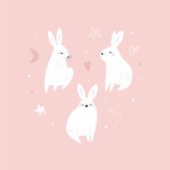 Three Cute White Bunnies Illustration. Pink Nursery Art