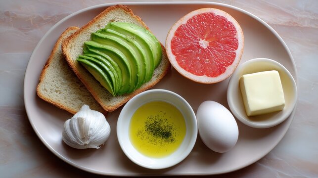 White plate with a variety of food items on it. on the left side of the plate, there is a slice of toasted bread with sliced avocado on top. - Powered by Adobe