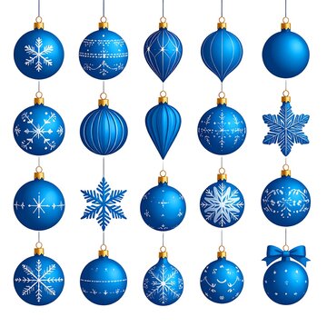 Collection of glossy blue Christmas ornaments with silver designs