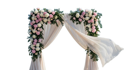 Beautiful wedding arch with pink and white flowers and flowing drapes, isolated on a transparent background