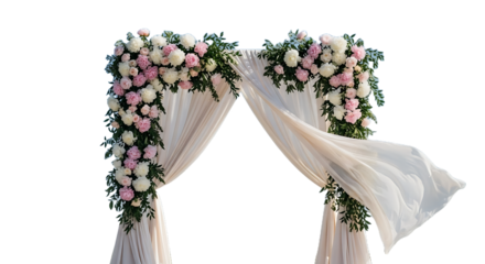 Beautiful wedding arch with pink and white flowers and flowing drapes, isolated on a transparent background