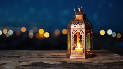 islamic lantern glowing with warm candle light, night background with bokeh lights - Powered by Adobe