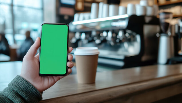 Hand holding a smartphone with a vibrant green screen positioned near a pos terminal while making a contactless payment at a cafe