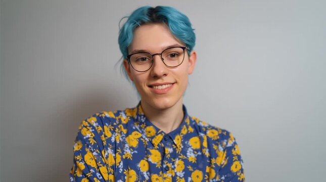 Nonbinary youth. Amicable transgender with blue hair. Two-spirit trans