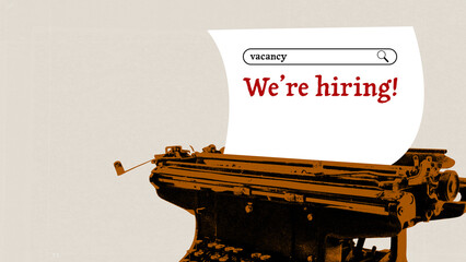 Vintage typewriter printing We are Hiring message retro creative recruitment poster. Concept of communication, job opportunity, HR promotion for career ads, education, and business projects