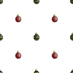 Watercolor pattern with Christmas tree baubles and ornaments