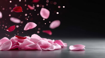 Fototapeta premium Pink, red and white rose petals falling and creating a pile on a black background, ideal for romantic concepts