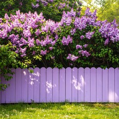 Blossoming lilac bushes behind a decorative purple picket fence