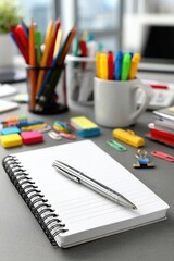 Notebook and pen surrounded by colorful school and office supplies on desk