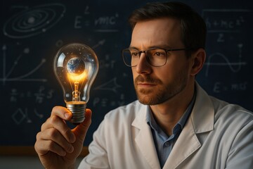 A Thoughtful Scientist Examines a Lightbulb Containing a Glowing Earth Amidst Mathematical Equations in a Classroom Setting