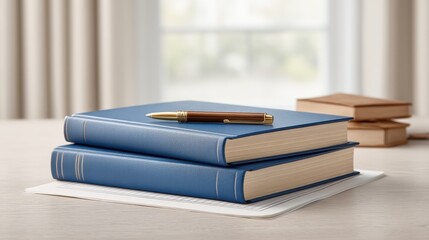 Elegant stacked blue books with a pen placed on top on a light wooden desk, creating a sophisticated and inviting study or reading space