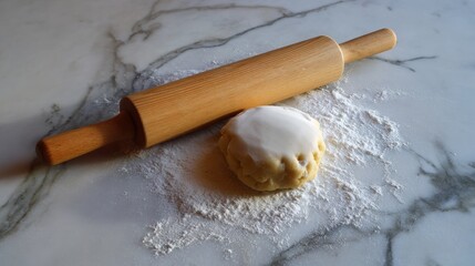 Wooden rolling pin and a ball of dough on a white marble countertop. the rolling pin is made of light-colored wood and has a smooth handle.