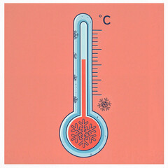 Frost thermometer illustration on a coral background, winter concept design
