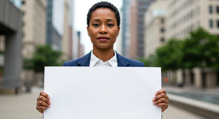Woman holding protest sign in urban setting, International Women's Day activism