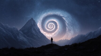 A person standing on a mountain path under a swirling spiral galaxy in a starry night sky, showcasing the beauty of nature and the universe mysteries