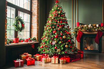 Cozy christmas tree surrounded by toys and gifts in a bright room with text space on the right