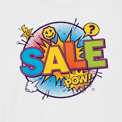 Sale badge with comic style design featuring 'WOW!' and bright colors, promotional concept