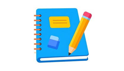 A simple, brightly colored illustration features a blue notebook, a yellow pencil with a pink eraser, and a small rectangle