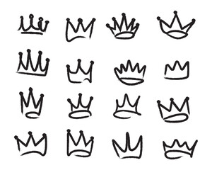 Collection of hand-drawn king crown icons for royalty and leadership theme