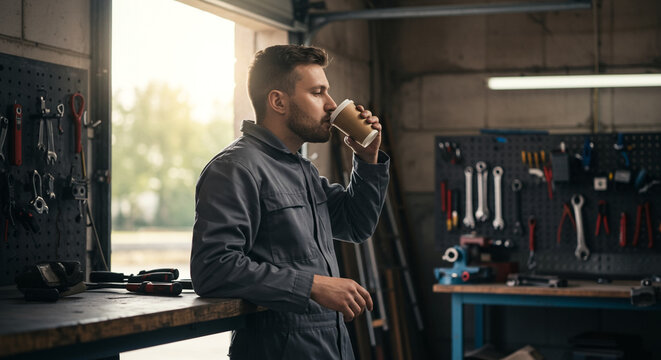Man Drinking Coffee in Garage Workshop with Sunlit Tools, Industrial Worker Relaxation Break - Powered by Adobe